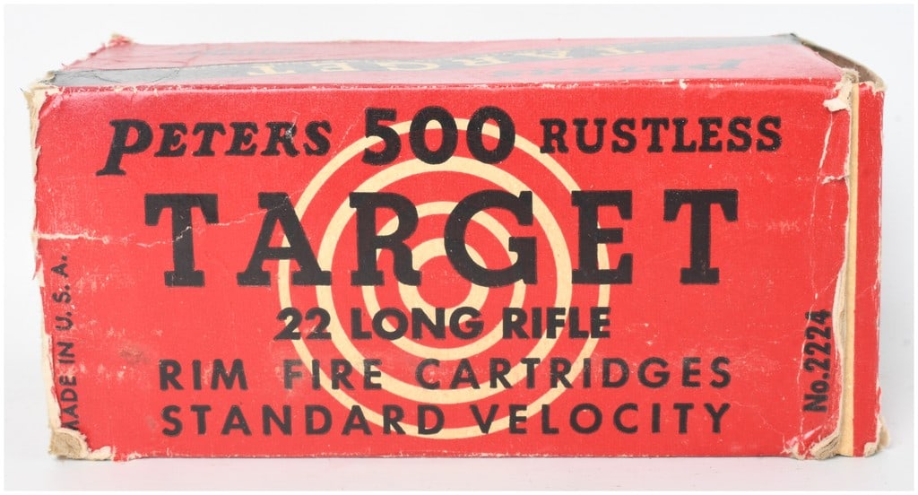 Peters Target Rustless Standard Velocity Rimfire Ammunition .22 Long Rifle Lot of 500 Rounds: A lot of 500 rounds of Peters Target .22 Long Rifle rimfire ammunition, comprised of ten individual 50-round boxes within a larger cardboard brick. These standard velocity cartridges are loaded with l