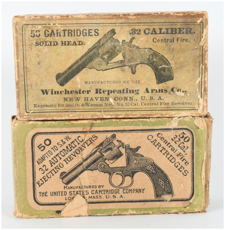 Winchester and US Cartridge Co .32 S&W Ammunition Lot of 58 Antique: This lot consists of two vintage two-piece cardboard ammunition boxes containing a total of 58 rounds of .32 S&W caliber centerfire ammunition. The first box is manufactured by the Winchester Repeatin