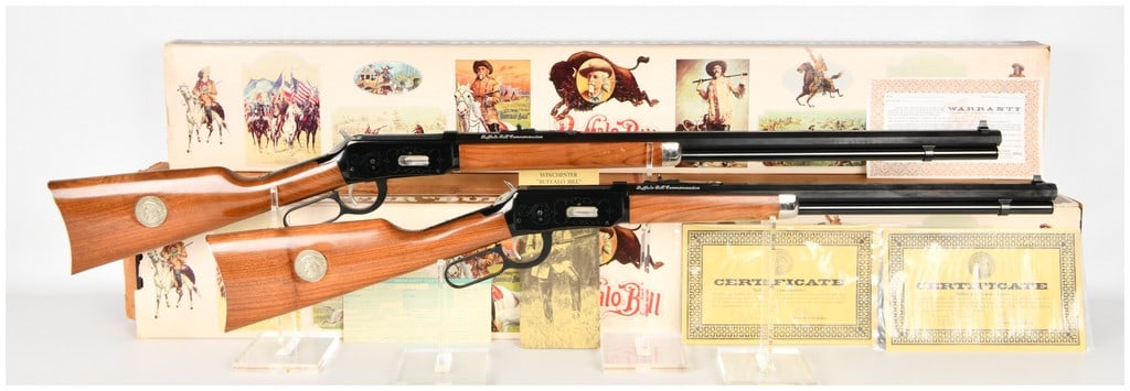 A Pair of Winchester Model 94 Buffalo Bill Commemorative Lever Action Rifle and Carbine .30-30 with: This lot features a brand new sequential commemorative set of two Winchester Model 94 lever-action repeating firearms chambered in .30-30 Winchester. The set consists of one rifle and one carbine, bot