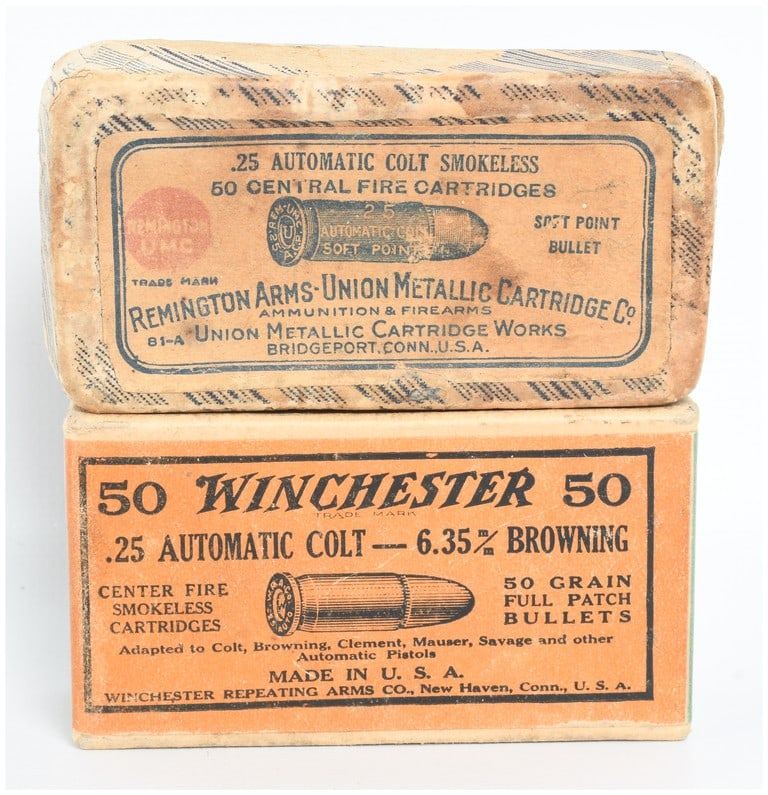 A Lot of 100 Rounds of Remington and Winchester .25 Automatic Ammunition: This lot consists of 100 rounds of .25 Automatic caliber ammunition contained within two original manufacturer boxes. The first is a Remington Arms-Union Metallic Cartridge Co. two-piece box with an o