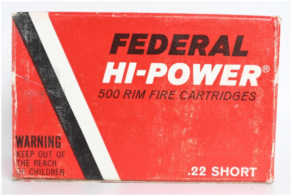 A Lot of 500 Federal Hi-Power Rimfire Cartridges .22 Short: This lot consists of 500 Federal Hi-Power brand .22 Short rimfire cartridges. The ammunition features brass cases and copper-plated round nose lead bullets. Each cartridge base is stamped with a serif