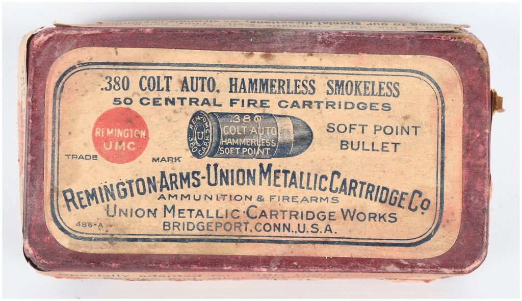 A Lot of 50 Remington Arms-Union Metallic Cartridge Co. .380 Colt Auto Hammerless Smokeless: This lot consists of a vintage two-piece cardboard box containing 50 rounds of .380 Colt Auto Hammerless ammunition manufactured by the Remington Arms-Union Metallic Cartridge Co. in Bridgeport, Conne