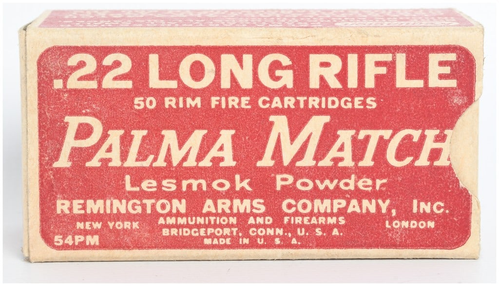 Remington Palma Match Rimfire Ammunition .22 Long Rifle A Lot of 50 Rounds: This lot consists of a vintage cardboard box of .22 Long Rifle rimfire ammunition manufactured by the Remington Arms Company, Inc. This Palma Match target ammunition features Lesmok Powder and was des