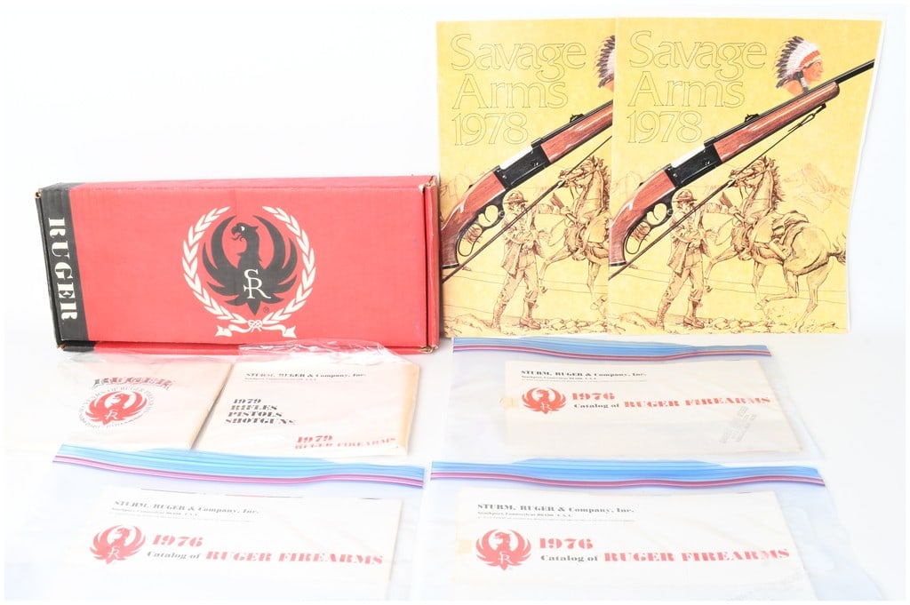 A Collection of Vintage Savage Arms and Ruger Firearm Catalogs with a Ruger Factory Box: This lot features a group of vintage firearm promotional materials and original factory packaging from Savage Arms and Sturm, Ruger and Company, Inc. The grouping includes Savage Arms 1978 product cat