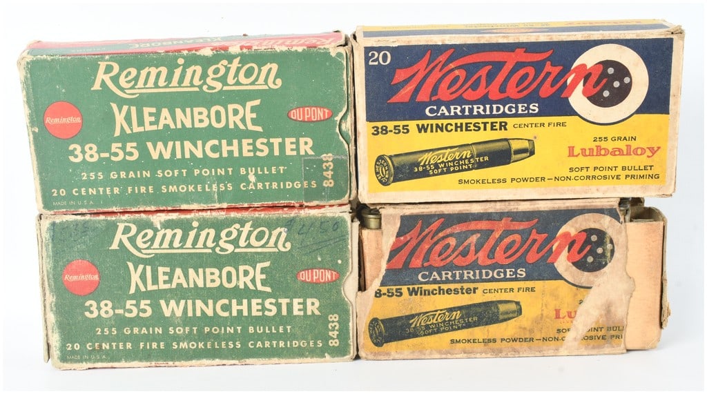 A Collection of 59 Rounds of Remington and Western .38-55 Winchester Centerfire Ammunition: This collection consists of 59 rounds of .38-55 Winchester centerfire ammunition housed in four vintage boxes, featuring products from both Remington and Western. The lot includes two boxes of Remingt