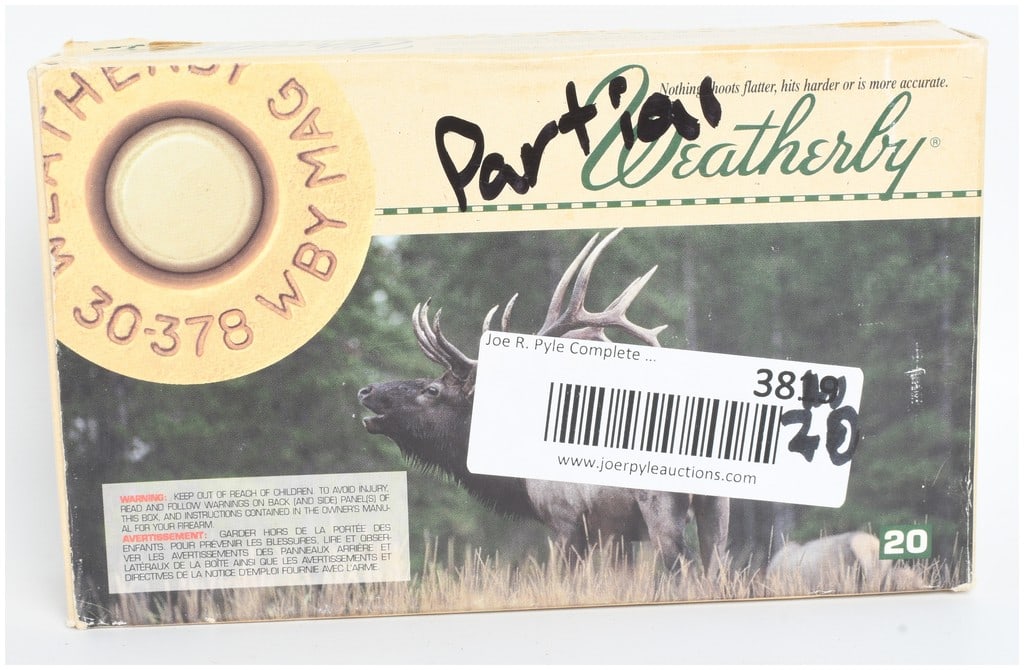 A Lot of 19 Weatherby .30-378 WBY Magnum Centerfire Rifle Ammunition: This lot contains nineteen rounds of premium Weatherby centerfire rifle ammunition in .30-378 WBY Magnum caliber. The cartridges are loaded with 180-grain X Bullets and are housed in an original, thou