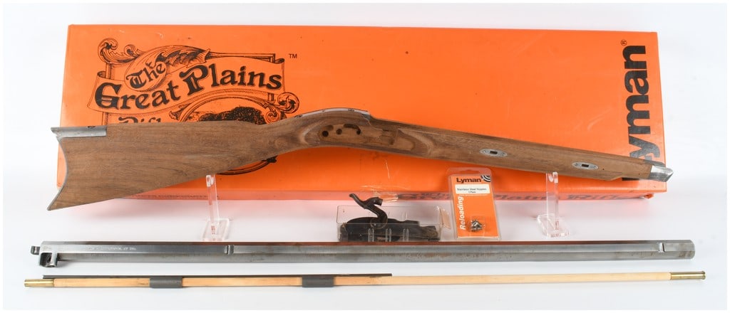 Lyman Great Plains Rifle Percussion Rifle .54 Caliber: This lot features a disassembled Lyman Great Plains Rifle kit chambered in .54 caliber, intended for assembly into a traditional muzzleloading percussion rifle. The kit includes an octagonal steel bar
