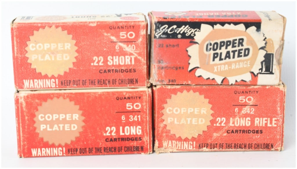 A Lot of 156 Rounds of J.C. Higgins Copper Plated Ammunition .22 Caliber: This lot consists of 156 rounds of rimfire ammunition distributed by Sears, Roebuck and Co. under the J.C. Higgins brand name. The collection is housed in four original 50-count cardboard boxes and co