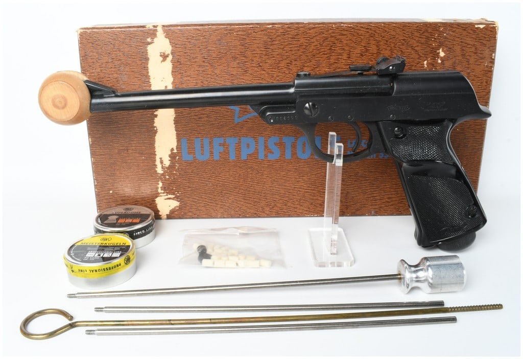 Walther LP Model 53 Break Action Air Pistol .177 Caliber: This lot features a Walther LP Model 53 break-action, spring-piston air pistol chambered in .177 caliber. The pistol is configured with a matte black finish and black checkered composite target grips 