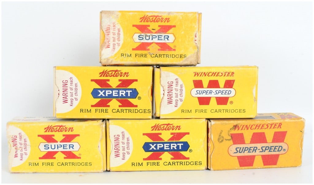 A Lot of 238 Rounds of Western and Winchester Super-X Xpert and Super-Speed Rimfire Ammunition .22: This lot consists of 238 rounds of rimfire ammunition produced by Western and Winchester. The collection is housed in six yellow cardboard boxes, including two boxes of Western Super-X marked SX22S, t