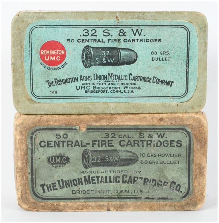 Remington-UMC and UMC .32 S&W Ammunition 100 Rounds Antique: This lot features 100 rounds of .32 S&W caliber centerfire ammunition contained in two period-correct two-piece boxes. The first box is manufactured by The Remington Arms Union Metallic Cartridge Comp