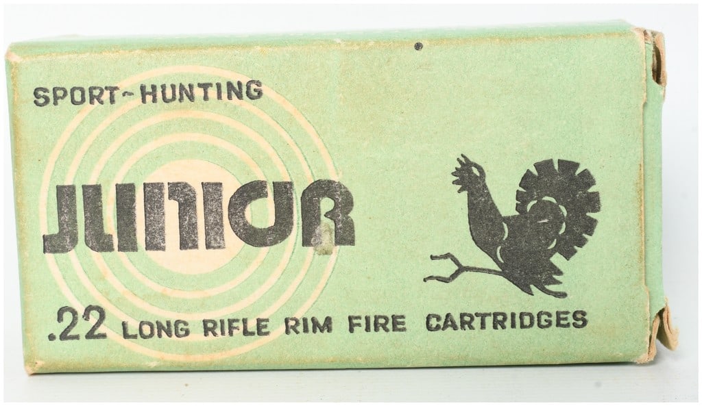 A Lot of 50 Klimovsk Stamping Plant Junior Sport-Hunting .22 Long Rifle Rimfire Cartridges: A lot of 50 rounds of .22 Long Rifle rimfire ammunition produced by the Klimovsk Stamping Plant in Klimovsk. The ammunition consists of lead round nose bullets and steel cases, designed for sport and 