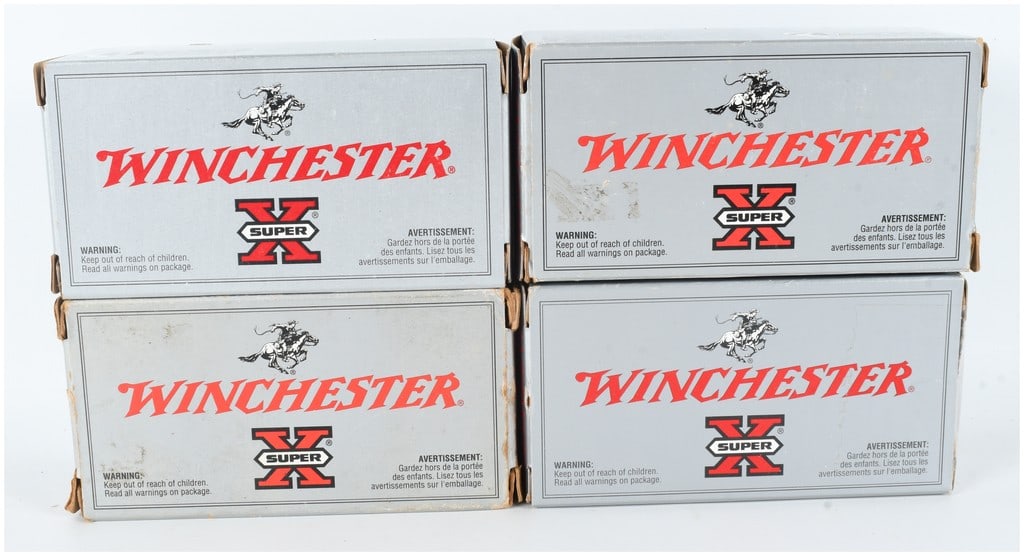 A Lot of 200 Rounds Winchester Super-X .22 Hornet Ammunition: This lot consists of 200 rounds of Winchester Super-X .22 Hornet centerfire ammunition, contained in four original boxes of 50 rounds each. These cartridges feature 46-grain jacketed hollow point bull