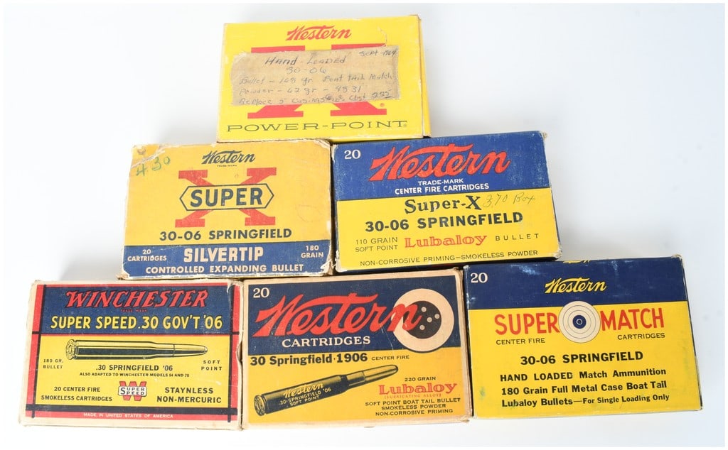 A Lot of 120 Rounds of Western and Winchester .30-06 Springfield Ammunition: This lot comprises 120 rounds of vintage .30-06 Springfield ammunition contained in six original commercial boxes from the Western Cartridge Co. and Winchester Repeating Arms Co. The group features on