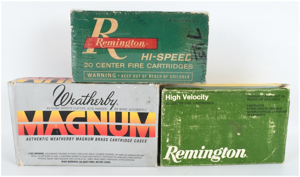 A Lot of 40 Live Rounds and 20 Empty Brass Casings: This lot contains three boxes of rifle ammunition and reloading components, consisting of 40 live rounds and 20 empty brass casings. The collection includes a partial box of Remington .35 Whelen ammun
