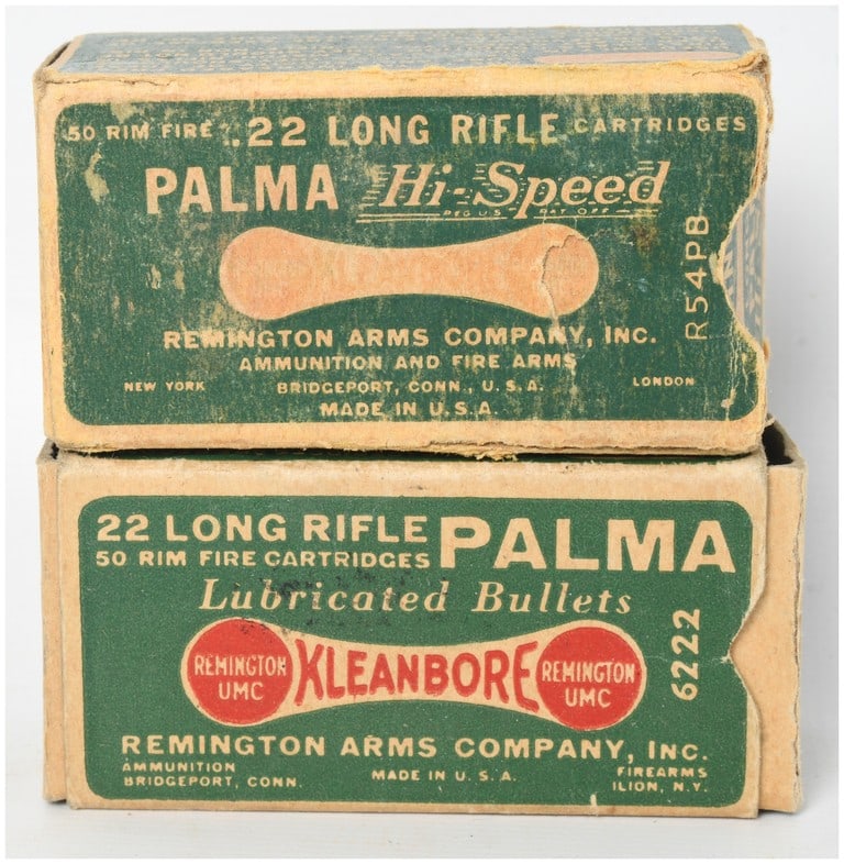 A Lot of 100 Rounds of Remington Palma .22 Long Rifle Ammunition: This lot consists of 100 rounds of vintage Remington Arms Company, Inc. .22 Long Rifle rimfire ammunition, housed in two period-correct two-piece cardboard boxes. The ammunition features brass cases a