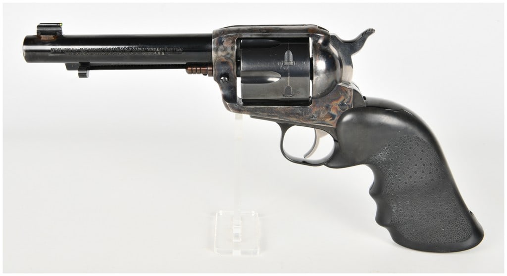 Ruger Vaquero Single-Action Revolver .45 Caliber with 5.5 Inch Barrel: This Ruger Vaquero is a traditional single-action revolver chambered in the powerful .45 caliber. It is equipped with a 5.5-inch barrel and a six-round capacity cylinder. The firearm features a high-g