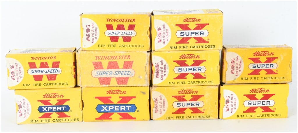 A Lot of 434 Rounds of Winchester and Western .22 Caliber Rimfire Ammunition: This lot comprises 434 rounds of vintage .22 caliber rimfire ammunition contained within ten original yellow cardboard boxes from Winchester and the Western Cartridge Co. The collection includes three