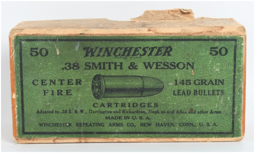 A Lot of 50 Winchester .38 Smith & Wesson Centerfire Cartridges: This lot features 50 rounds of Winchester .38 Smith & Wesson centerfire ammunition contained in an original two-piece cardboard box. These cartridges are configured with 145 grain lead bullets. The gr