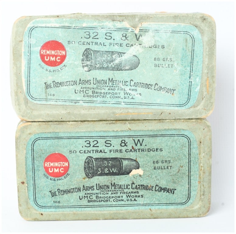 A Lot of 100 Rounds of Remington Arms Union Metallic Cartridge Company .32 S. & W. Ammunition: This lot consists of two vintage two-piece cardboard boxes containing a total of 100 rounds of .32 S. & W. centerfire ammunition manufactured by The Remington Arms Union Metallic Cartridge Company. Th