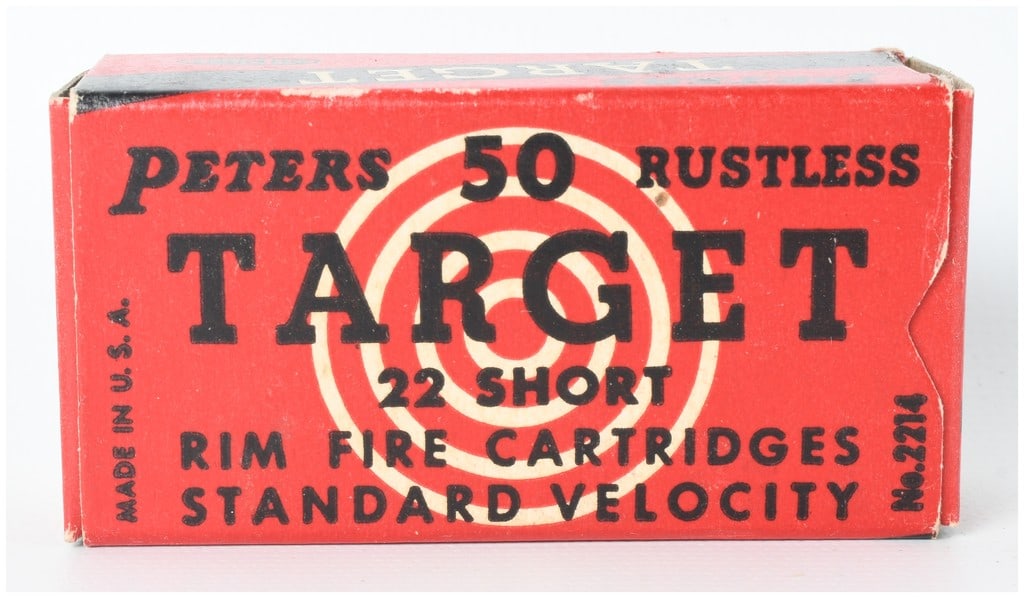 A Lot of 50 Peters Target Standard Velocity Rimfire Cartridges .22 Short: This lot consists of 50 rounds of Peters Target .22 Short rimfire ammunition. These standard velocity cartridges are housed in their original red, white, and black cardboard box produced by the Peters