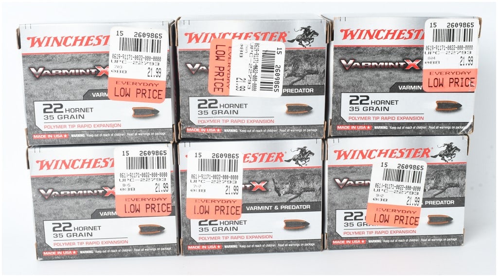 Winchester Varmint X Ammunition .22 Hornet 120 Rounds: This lot features 120 rounds of Winchester Varmint X ammunition chambered in .22 Hornet. These cartridges are loaded with 35-grain polymer-tipped projectiles designed for high-velocity performance and