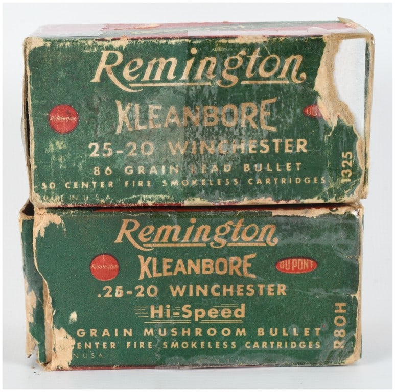 A Lot of 69 Rounds of Remington Kleanbore .25-20 Winchester Ammunition: This auction lot comprises 69 rounds of vintage Remington Kleanbore .25-20 Winchester centerfire ammunition housed in two original cardboard boxes. The first box is designated for 86 grain lead bullet