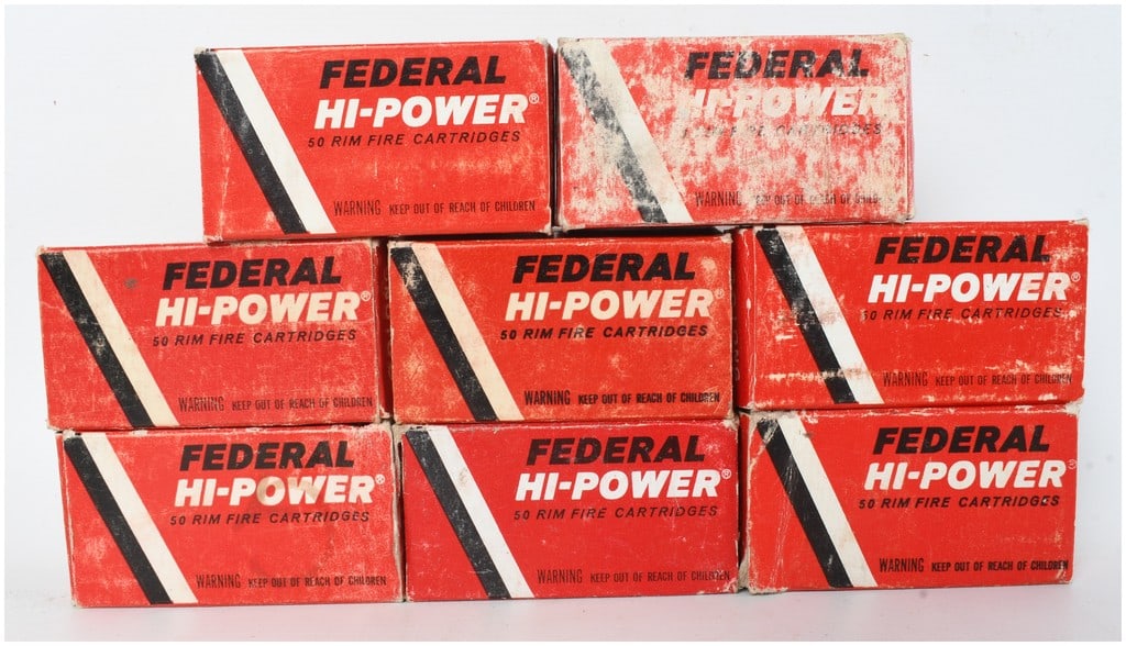 A Lot of 383 Rounds of Federal Hi-Power Rimfire Ammunition .22 Long Rifle: This lot comprises a collection of 383 rounds of Federal Hi-Power .22 Long Rifle rimfire ammunition, housed in eight original cardboard boxes. The ammunition includes two distinct projectile types: co