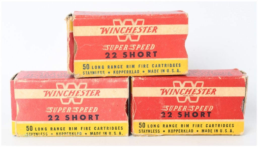 Winchester Super Speed .22 Short Rimfire Ammunition 86 Rounds: This lot consists of three original two-piece cardboard boxes containing a total of 86 rounds of .22 Short rimfire ammunition. The cartridges feature brass cases and copper-plated round-nose bullets, 
