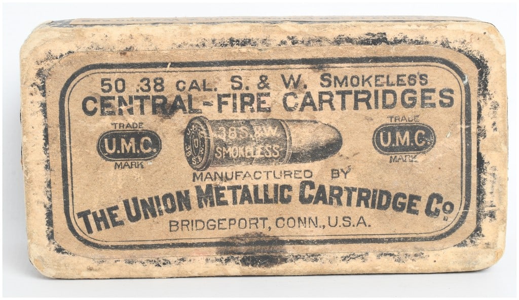 A Lot of 50 Rounds Union Metallic Cartridge Co. Smokeless Centerfire Cartridges .38 Smith & Wesson: This lot consists of a full box of 50 rounds of .38 Smith & Wesson caliber ammunition manufactured by The Union Metallic Cartridge Co. of Bridgeport, Connecticut. These centerfire cartridges are loade