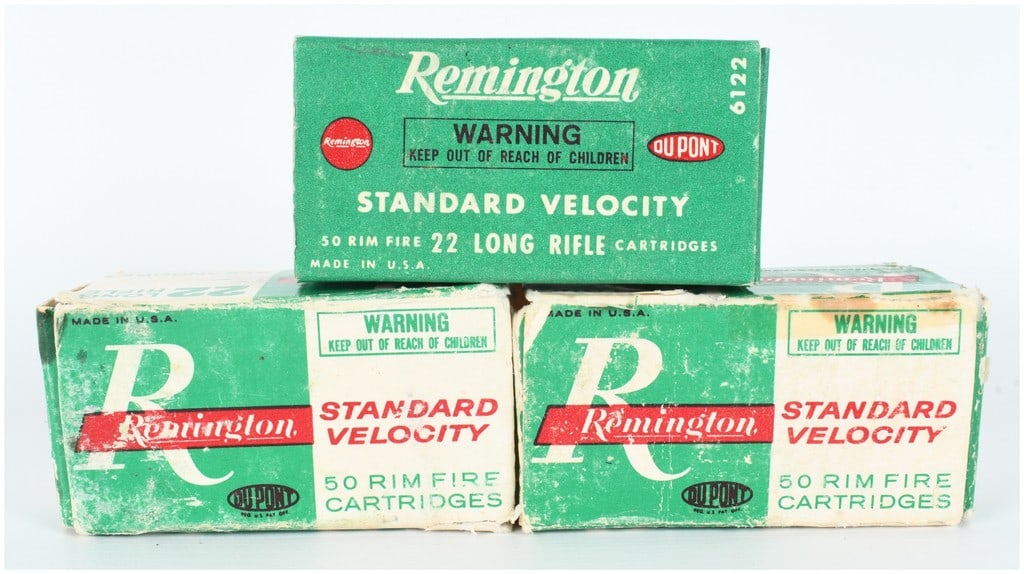 Remington Kleanbore Standard Velocity Ammunition .22 Long Rifle Lot of 150 Rounds: This lot consists of 150 rounds of .22 Long Rifle rimfire ammunition manufactured by Remington, divided into three boxes of 50 cartridges each. The collection features two distinct packaging styles: o