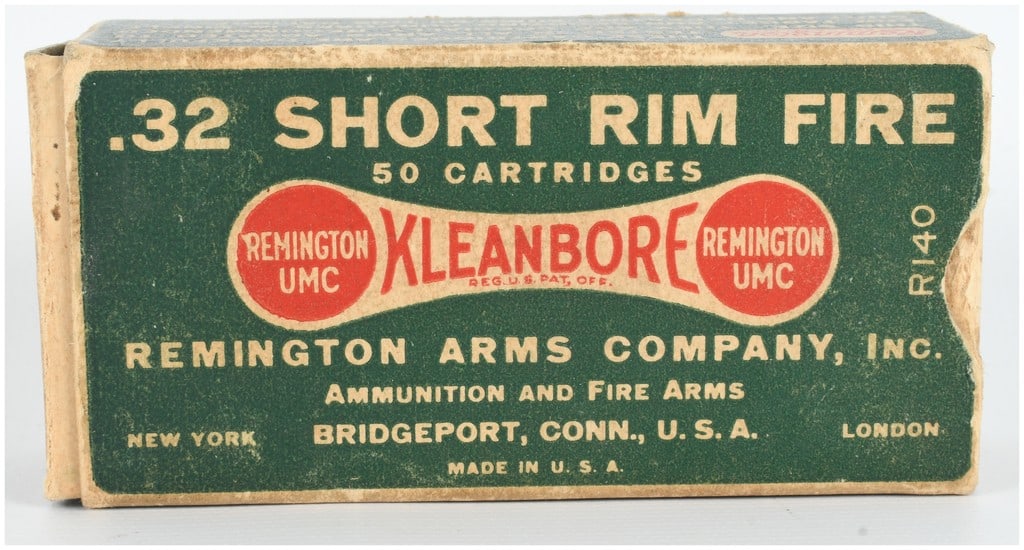 A Lot of 50 Remington Kleanbore .32 Short Rim Fire Ammunition: This lot features a full box of Remington Kleanbore brand .32 Short Rim Fire ammunition, totaling 50 rounds. Produced by the Remington Arms Company, Inc., these cartridges are housed in a green and re