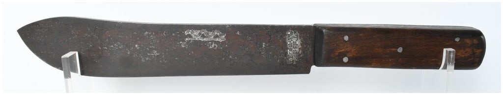 Antique 19th Century Sheffield Snake Brand Heavy Hunting Knife: This is a single 19th century heavy duty fixed blade knife manufactured in Sheffield, England. The knife features a broad, heavy carbon steel blade with a slightly curved cutting edge and a rounded, b