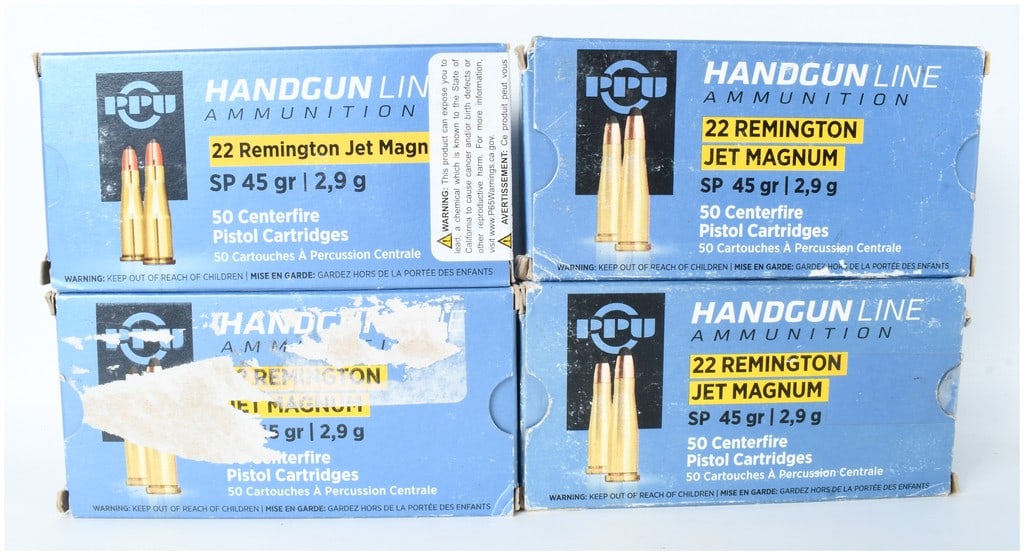 A Lot of 200 Rounds of PPU Handgun Line Ammunition .22 Remington Jet Magnum: This lot comprises a total of 200 rounds of Prvi Partizan PPU Handgun Line ammunition chambered in .22 Remington Jet Magnum. The ammunition is divided into four 50-round cardboard boxes. Each cartridg