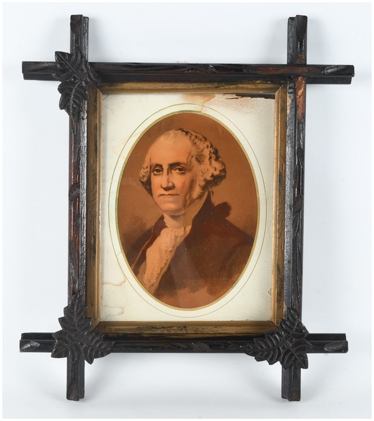 George Washington Chromolithograph after Gilbert Stuart Published by H. Hallett and Company: This late 19th-century chromolithograph on paper depicts a portrait of George Washington, based on the iconic 1796 "Athenaeum" portrait by Gilbert Stuart. The work features Washington in a three-quart