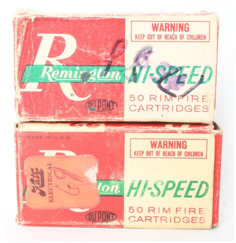 A Lot of 100 Rounds of Remington Hi-Speed Kleanbore Rimfire Ammunition .22 Short: This lot consists of 100 rounds of vintage Remington Hi-Speed Kleanbore .22 Short rimfire ammunition, distributed across two original cardboard boxes containing 50 cartridges each. The ammunition is c