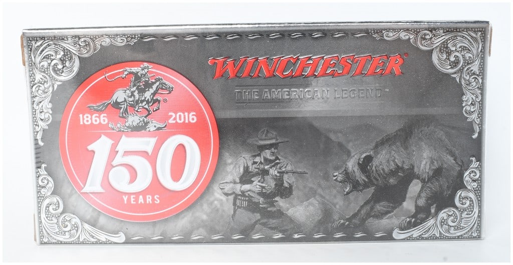 Winchester 150th Anniversary .30-30 Win Ammunition: This lot consists of one factory-sealed box containing 20 rounds of Winchester 150th Anniversary commemorative ammunition chambered in .30-30 Win. Released in 2016 to celebrate the brand's history fro