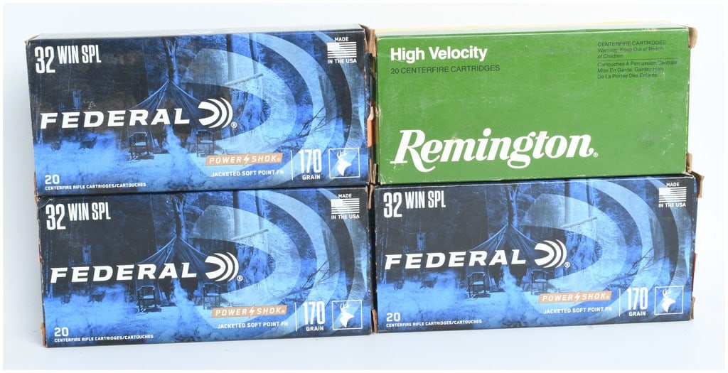 A Lot of 80 Rounds of Federal Power-Shok and Remington High Velocity .32 Winchester Special: This lot consists of 80 rounds of .32 Winchester Special centerfire rifle ammunition, divided among four boxes. The collection includes sixty rounds of Federal Power-Shok featuring 170-grain jacketed 