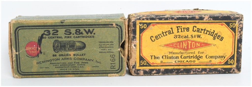 A Lot of 100 Rounds of Remington and Clinton .32 S&W Central Fire Ammunition: This lot consists of a collection of 100 rounds of .32 S&W caliber ammunition contained within two period retail boxes. The first item is a green two-piece box from the Remington Arms Company, Inc., B