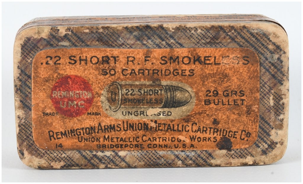 Remington-UMC .22 Short Rimfire Smokeless Ammunition Box with 50 Rounds Antique: This antique lot features a two-piece cardboard box containing 50 rounds of .22 Short Rimfire Smokeless ammunition manufactured by the Remington Arms Union Metallic Cartridge Co. (Remington-UMC). The 