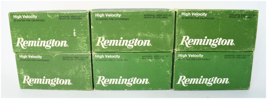 A Lot of 120 Rounds of Remington High Velocity .222 Remington Ammunition: This lot consists of 120 rounds of Remington High Velocity centerfire ammunition in .222 Remington caliber. The collection includes six individual 20-round boxes, featuring 50-grain pointed soft point