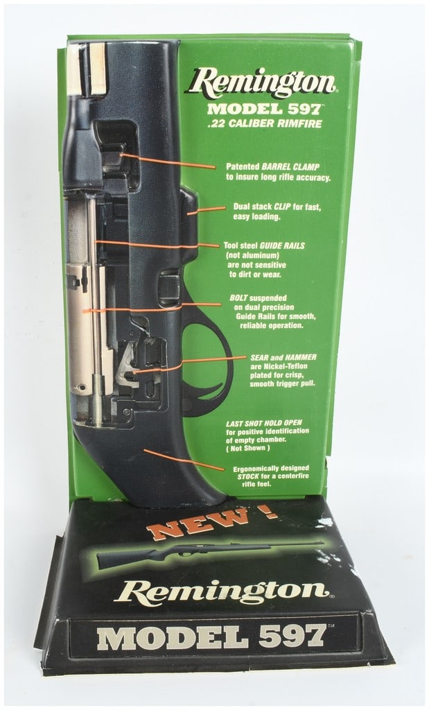 Remington Model 597 .22 Caliber Rimfire 3D Vacuum-Formed Plastic Countertop Advertising Display: This is an original retail point-of-sale (POS) countertop advertising display for the Remington Model 597 .22 caliber rimfire rifle. The display is constructed of vacuum-formed plastic and features a 