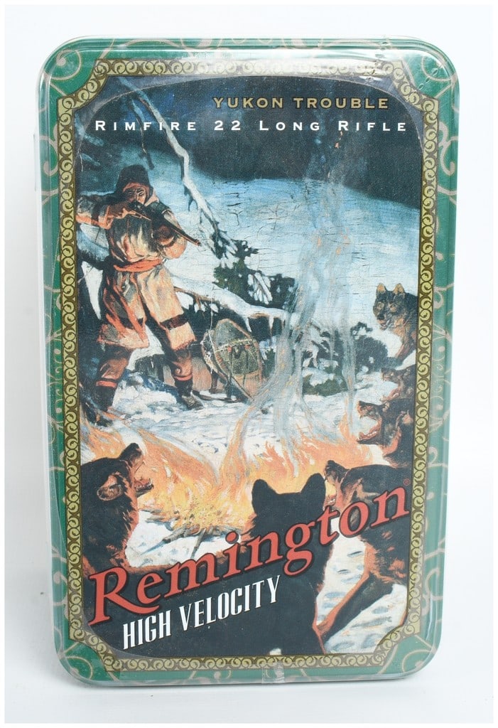 A Lot of 250 Rounds Remington High Velocity Rimfire .22 Long Rifle Ammunition in Limited Edition: This lot consists of a factory-sealed Remington Arms Company Limited Edition artwork tin containing 250 rounds of .22 Long Rifle High Velocity rimfire ammunition. The container is a rectangular green 