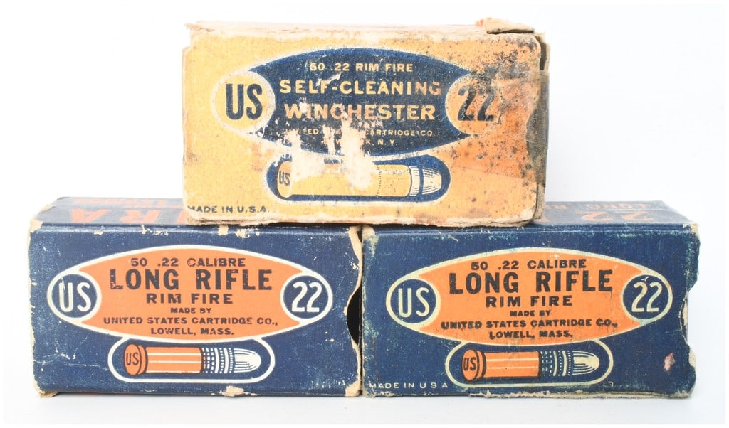 United States Cartridge Company .22 Rimfire Ammunition Lot of 150 Rounds: A lot of 150 rounds of vintage .22 caliber rimfire ammunition manufactured by the United States Cartridge Company of Lowell, Massachusetts. This collection is comprised of three 50-round boxes, includ