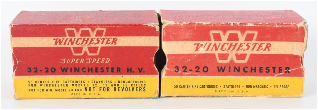 Winchester Super Speed and Staynless .32-20 Winchester Ammunition 100 Rounds: This lot features 100 rounds of vintage .32-20 Winchester (.32 W.C.F.) ammunition presented in two original red and yellow cardboard boxes. The first box is labeled as Winchester Super Speed High Velo