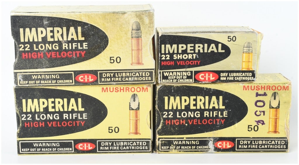 A Lot of 154 Rounds of Imperial C-I-L High Velocity .22 Caliber Rimfire Ammunition: This lot contains 154 rounds of Imperial brand .22 caliber rimfire ammunition manufactured by Canadian Industries Limited (C-I-L). The collection is composed of one 50-round box of .22 Short High Velo