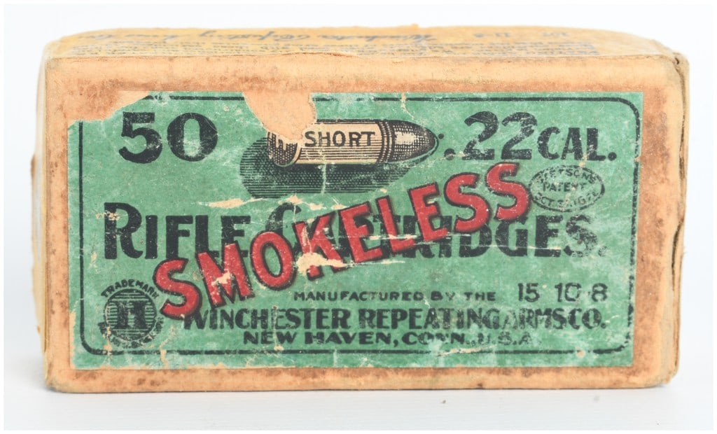 Winchester .22 Short Smokeless Target Cartridges 50 Rounds Antique: This lot consists of a vintage two-piece box containing 50 rounds of Winchester Repeating Arms Co. .22 Short smokeless rifle ammunition. These target cartridges feature greaseless bullets and are hous