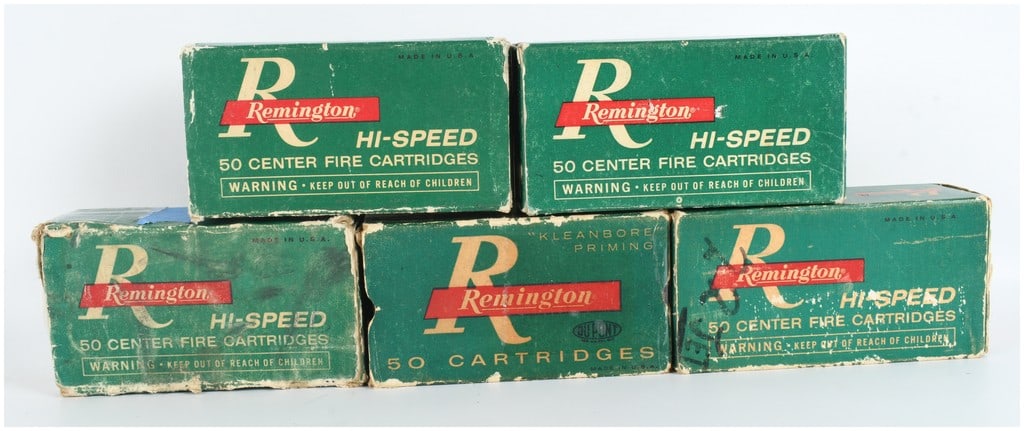Remington .22 "Jet" Magnum Ammunition 199 Live Rounds and 36 Empty Brass Casings: This lot features a collection of vintage centerfire ammunition consisting of 199 live rounds and 36 empty brass casings chambered for the .22 Remington "Jet" Magnum. The collection is housed in five 
