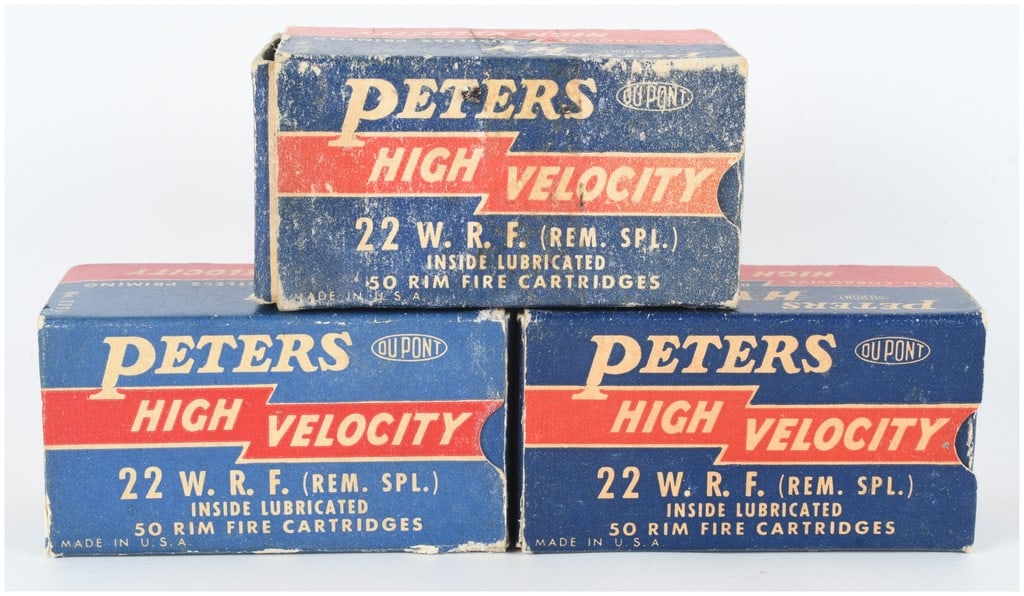 A Lot of 150 Peters High Velocity Rimfire Ammunition .22 W.R.F. (Remington Special): This lot features a total of 150 rounds of Peters High Velocity .22 W.R.F. (Remington Special) ammunition, packaged in three separate cardboard boxes of 50 cartridges each. Produced by the Peters Cart