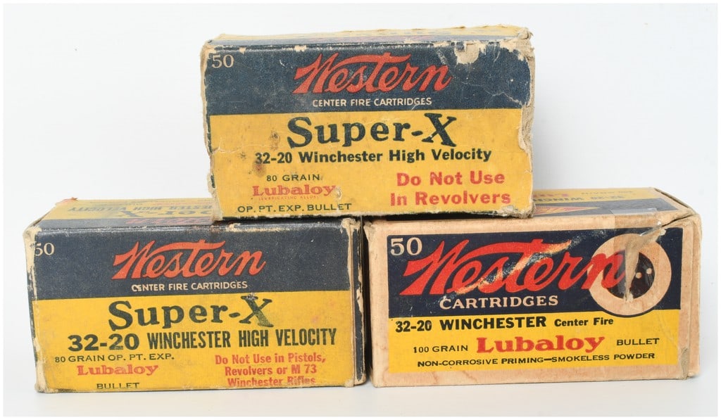 A Lot of 150 Rounds of Western .32-20 Winchester Ammunition: This lot consists of 150 rounds of vintage .32-20 Winchester centerfire ammunition produced by the Western Cartridge Company. The collection includes two 50-round boxes of Super-X High Velocity cartri